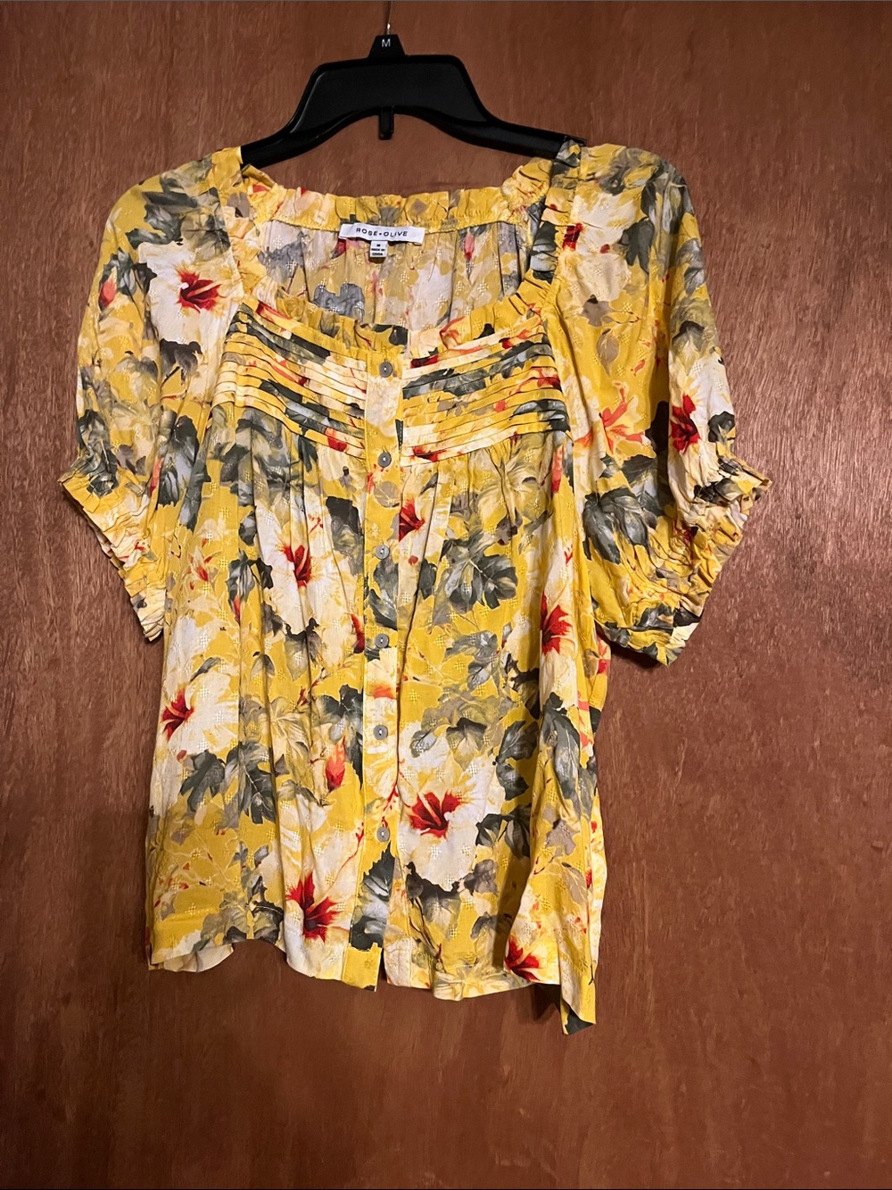 Rose & Olive Yellow Floral Pintuck Button-Front Blouse